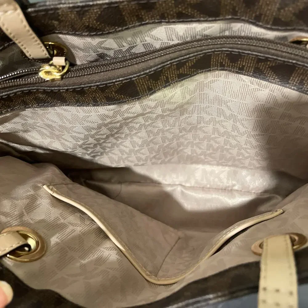 Michael Kors Jet Set MK Logo Brown Leather Tote Bag Purse